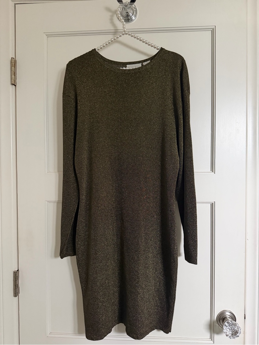 Vintage Nordstrom Long  Sleeve Metallic Knit Shift Dress in Olive Green
